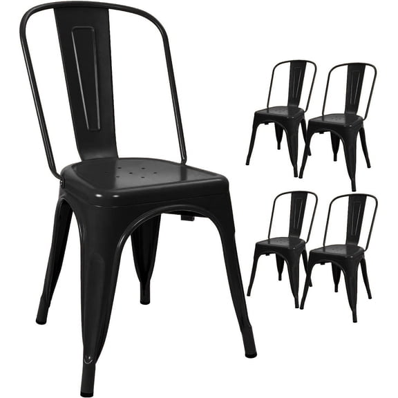 PINDEE Metal Indoor-Outdoor Chairs Distressed Style Kitchen Dining Chairs Stackable Side Chairs with Back Set of 4,High-quality materials, strong and reliable,Black