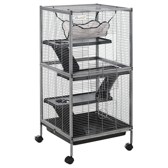 PINDEE Metal Small Animal Cage, 4-Tiers Rolling Big Ferret Cage with Hammock, Removable Tray, for Chinchilla, Sugar Glider, Gray