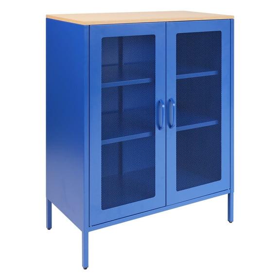 PINDEE Metal Storage Cabinet with Mesh Doors and Adjustable Shelves, Free Standing Sideboard Buffet Cabinet for Kitchen, Living Room, Dining Room, Home Office,Blue