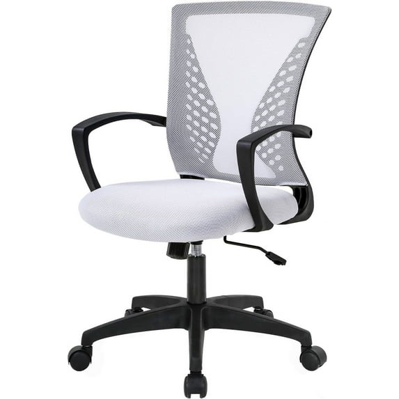 PINDEE Mid Back Office Chair Ergonomic Mesh Computer Desk Chair with Lumbar Support and Adjustable Armrests Swivel Task Chair for Home Office.White