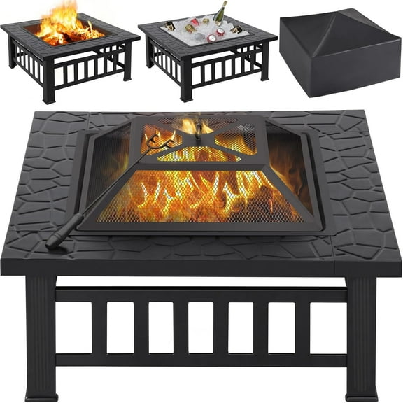 PINDEE Multifunctional Fire Pit Table 32in Square Metal Firepit Stove Backyard Patio Garden Fireplace for Camping, Outdoor Heating,Bonfire and Picnic,Placing ice cubes can chill the storage.