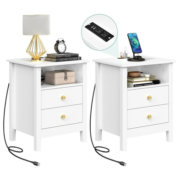 PINDEE Nightstand with Charging Station, Night Stands with 2 Drawers for Bedroom, Modern Bedside Table End Side Table with USB Ports and Outlets, Set of