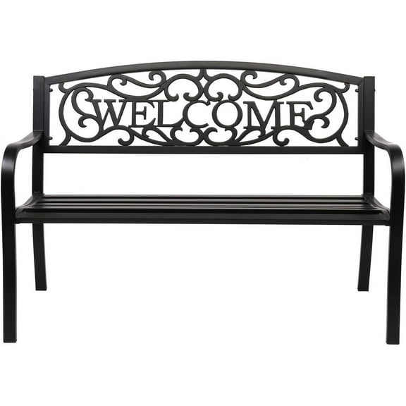 PINDEE Outdoor Bench with PVC Back Pattern, Metal Garden Bench Black Steel Welcome Bench for Patio, Porch, Deck, Yard, Lawn Decor Entryway,The appearance is exquisite, fashionable, and high-end.
