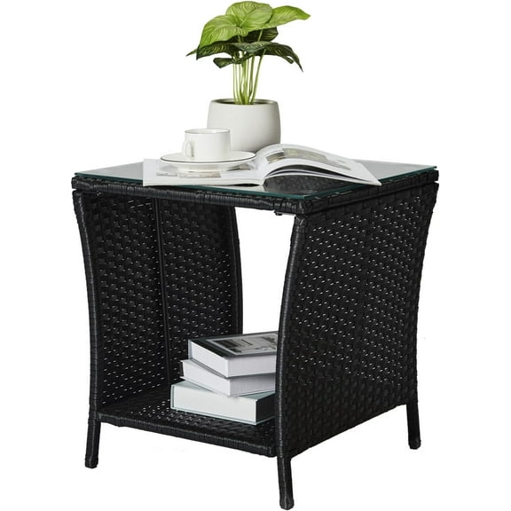 PINDEE Outdoor Side Table, Rattan Coffee Table Small End Table with Glass Top Storage for Patio Porch Backyard Balcony