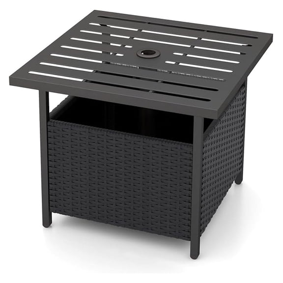 PINDEE Outdoor Side Table with Umbrella Hole, 22" Wicker Umbrella Stand Holder and Base, Weather-Resistant PE Rattan Patio End Table for Deck Garden Poolside (Metal Tabletop, Black)