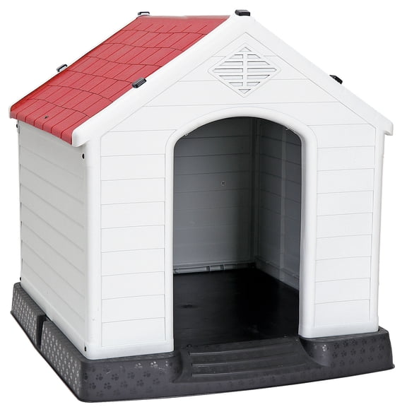 PINDEE Plastic Dog House - Waterproof Dog Kennel with Air Vents and Elevated Floor All Weather Indoor Outdoor Insulated Doghouse Puppy Shelter, Easy to Assemble,32" Height(Red)
