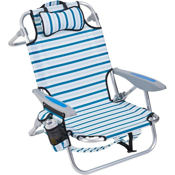 PINDEE Portable Beach Chair for Adults, Outdoor Lightweight Camping Chair Lay Flat Folding Backpack Beach Reclining Chair with 4 Positions, Headrest, Cooler Pouch, Cup Holder,White Striped