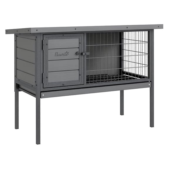PINDEE Rabbit Hutch Elevated Bunny Cage Small Animal Habitat with Metal Frame, No Leak Tray, Metal Wire Pan and Openable Water-Resistant Asphalt Roof for Indoor/Outdoor Gray