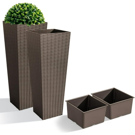 PINDEE Set of 2 Resin Rattan Tall Planters for Outdoor Large Tapered Flower Pots with Drainage Holes and Inner Trays for Garden Patio Porch.32'',Brown