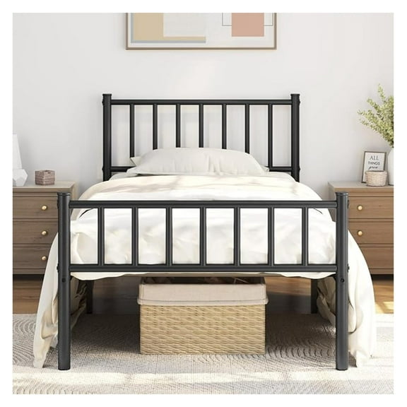 PINDEE Twin Bed Frame Metal Platform Bed Frame Mattress Foundation with Spindle Headboard & Footboard/No Box Spring Needed/14 Inch Underbed Storage/Firm Support & Easy Set up Structure, Black