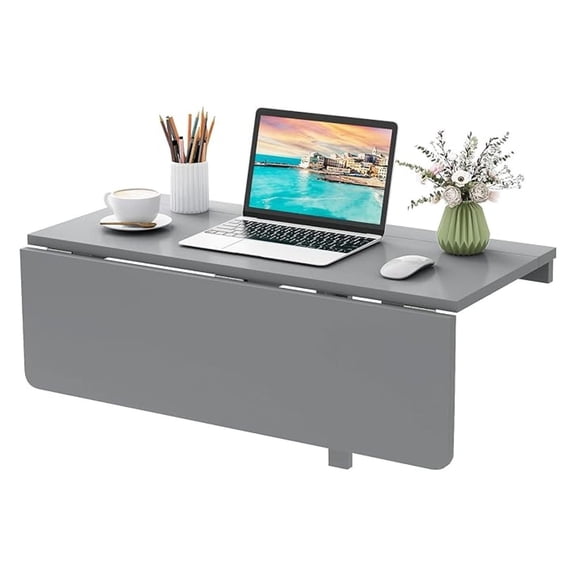 PINDEE Wall Mounted Folding Table, 31.5" x 23.5" Wood Murphy Desk Drop-Leaf Table, Space Saving Foldable Floating Desk, Wall Desk Fold Down for Small Spaces, Study, Bedroom, Bathroom (Gray)