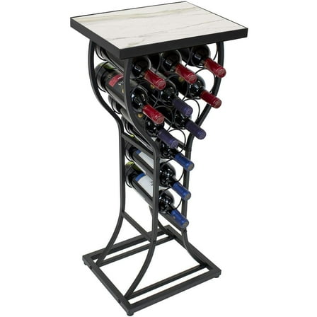 PINDEE Wine Rack Console for Home Bar - Mini Wine Stand with Faux White Marble Table Top - Durable Metal Freestanding Wine Storage Cabinet Shelf - Standing Floor Holds 11 Wine Bottles,White