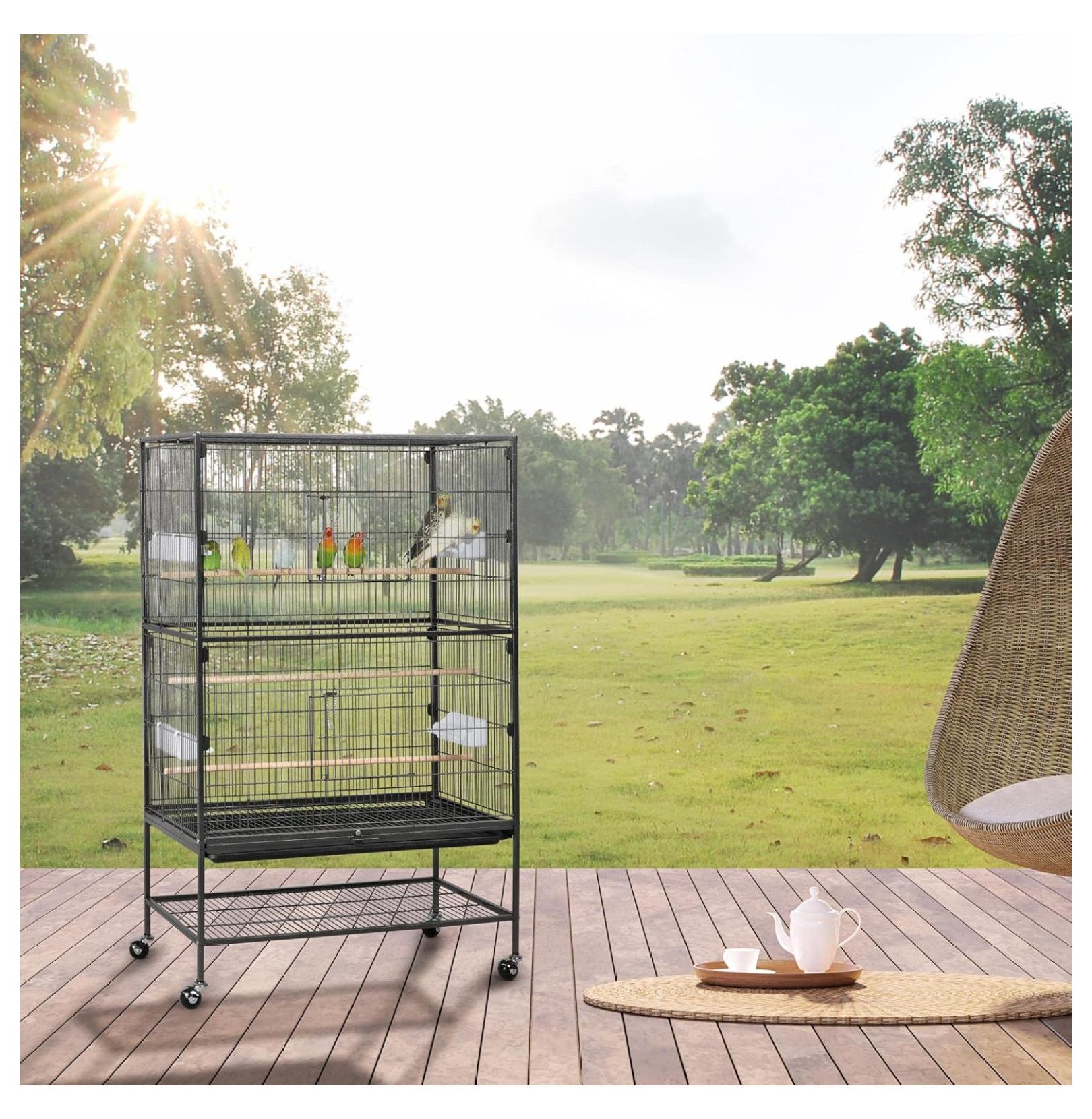 PINDEE Wrought Iron Large Flight Parrot Bird Cage with Rolling Stand ... - Parrot Cage With Multiple Levels Of Perches