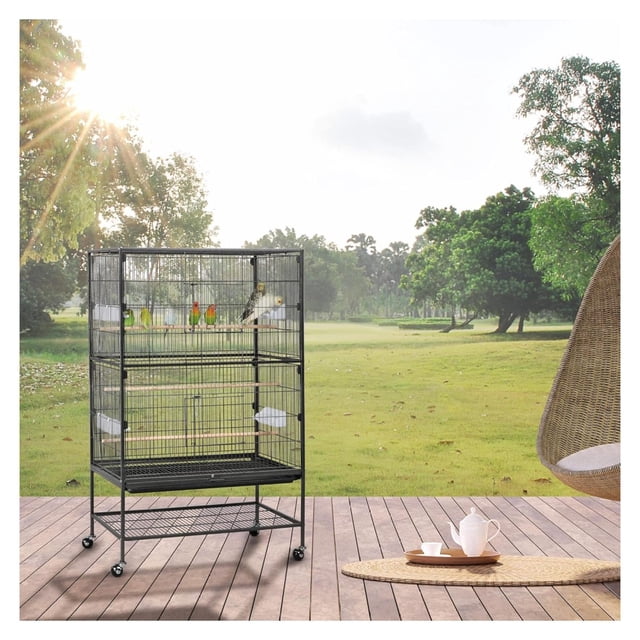 PINDEE Wrought Iron Large Flight Parrot Bird Cage with Rolling Stand ...