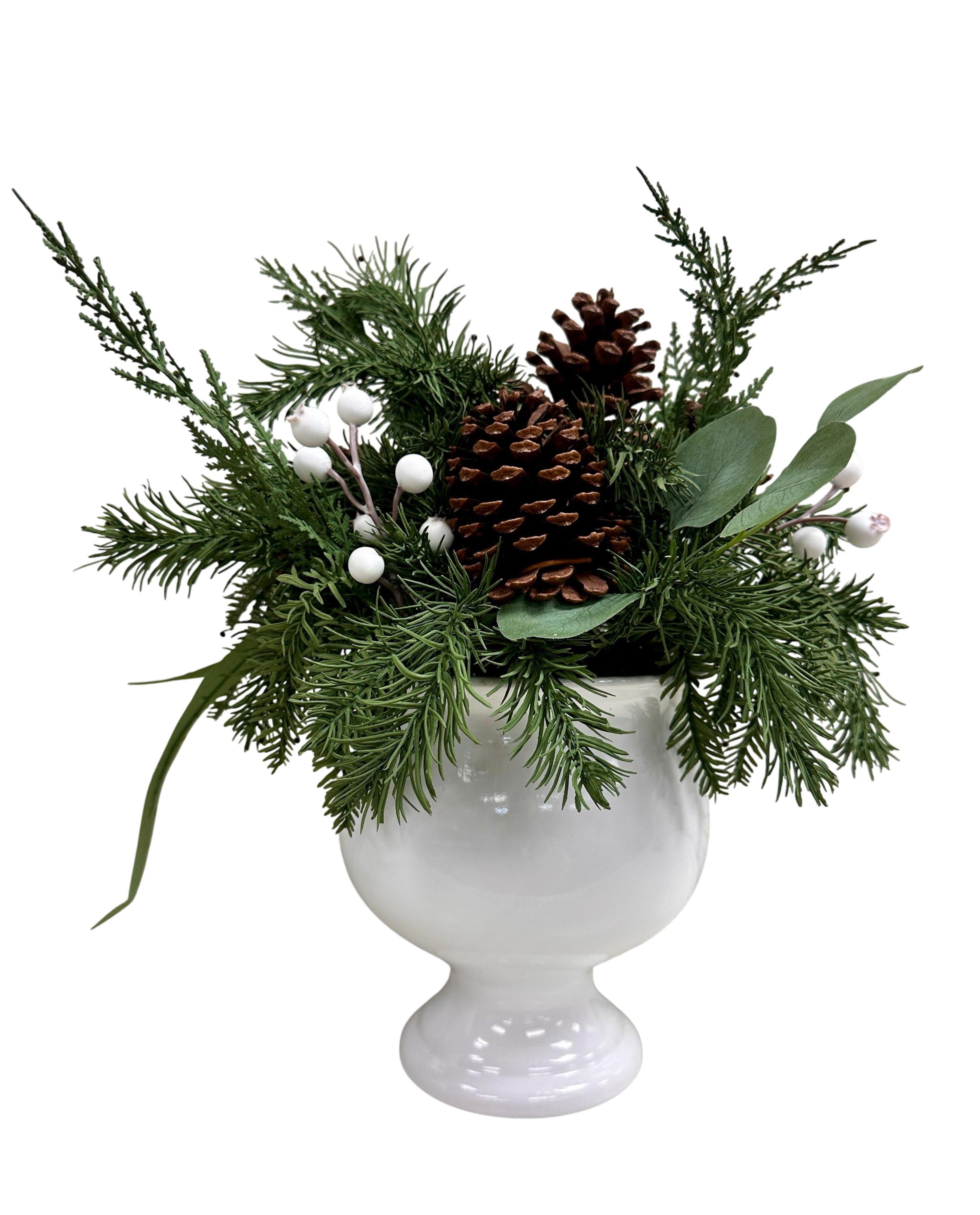 Greenery, Berries, and Pinecones Arrangement in White Ceramic Pot Christmas Tabletop Decoration, 16", by My Texas House