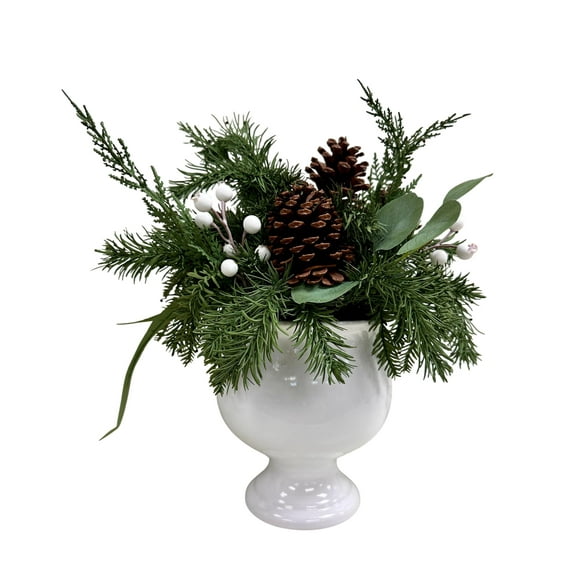 Greenery, Berries, and Pinecones Arrangement in White Ceramic Pot Christmas Tabletop Decoration, 16", by My Texas House