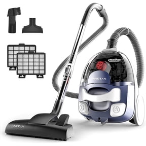 PINETAN Bagless Canister Vacuum Cleaner, with Double HEPA Filtration, Lightweight Design & Powerful Suction, Multi-Surface Cleaning Nozzle and Automatic Cord Rewind - Ocean Blue, UC601