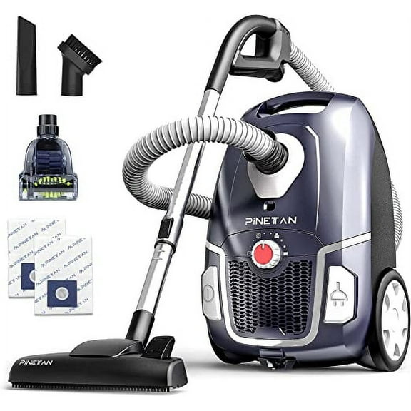 PINETAN Professional Canister Vacuum Cleaner UA807, Advanced 62 dB Low Noise Technology, High Suction Power and Rotation Speed Adjustment, 4.5 L Extra Large Dust Bags Included.