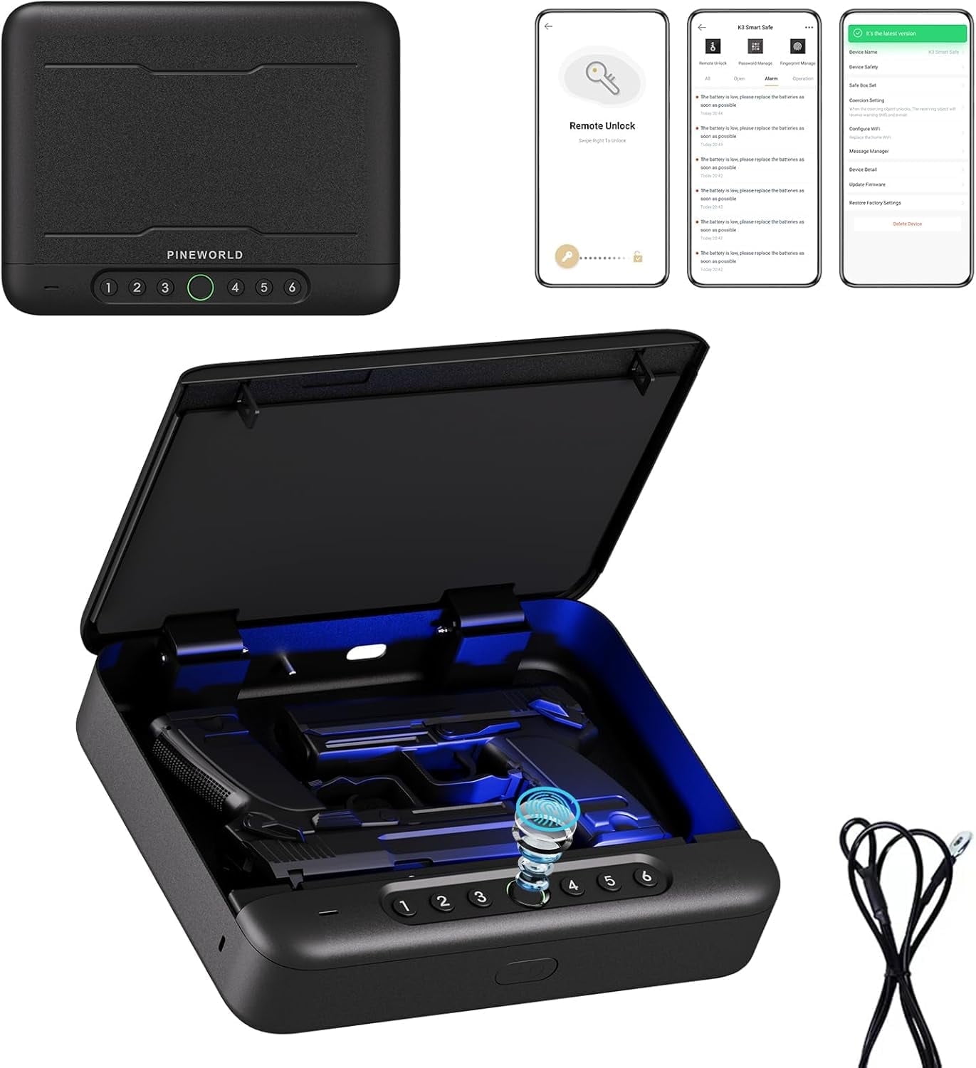 PINEWORLD Biometric Gun Safe, Pistol Safe with Fingerprint Backlit ...