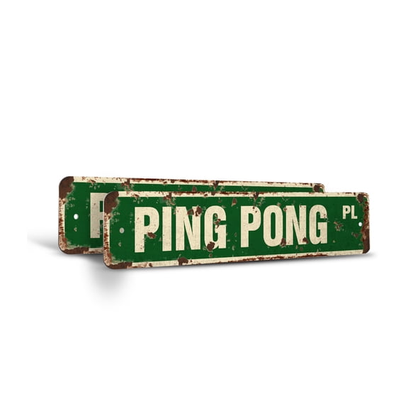 PING PONG Vintage Style Rustic Street Sign – (2 Pack) Ball Paddle Table Tennis Tournament Retro Decorative Wall Sign for Home, Bar, Garage, or Outdoor Use | 4" X 18" Plastic Road Sign