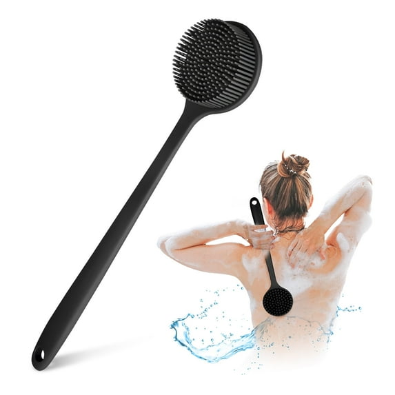 PINGKO Long-Handled Silicone Shower Brush - BPA-Free Silicone Body Scrubber for All Skin Types, Perfect Back Cleaning & Massage Shower - Ultimate Shower Scrubber for Men & Women（black)