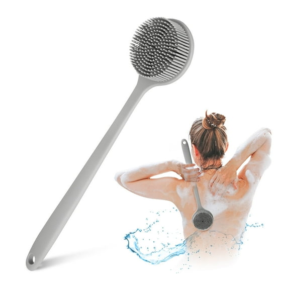 PINGKO Long-Handled Silicone Shower Brush - BPA-Free Silicone Body Scrubber for All Skin Types, Perfect Back Cleaning & Massage Shower - Ultimate Shower Scrubber for Men & Women（grey)