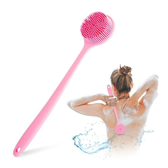 PINGKO Long-Handled Silicone Shower Brush - BPA-Free Silicone Body Scrubber for All Skin Types, Perfect Back Cleaning & Massage Shower - Ultimate Shower Scrubber for Men & Women（pink)