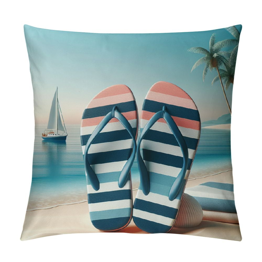 PINGXIXI Blue Beach Pink Flip Flops Pillow Covers Summer Tropical Palm Trees Ocean Sea Shell