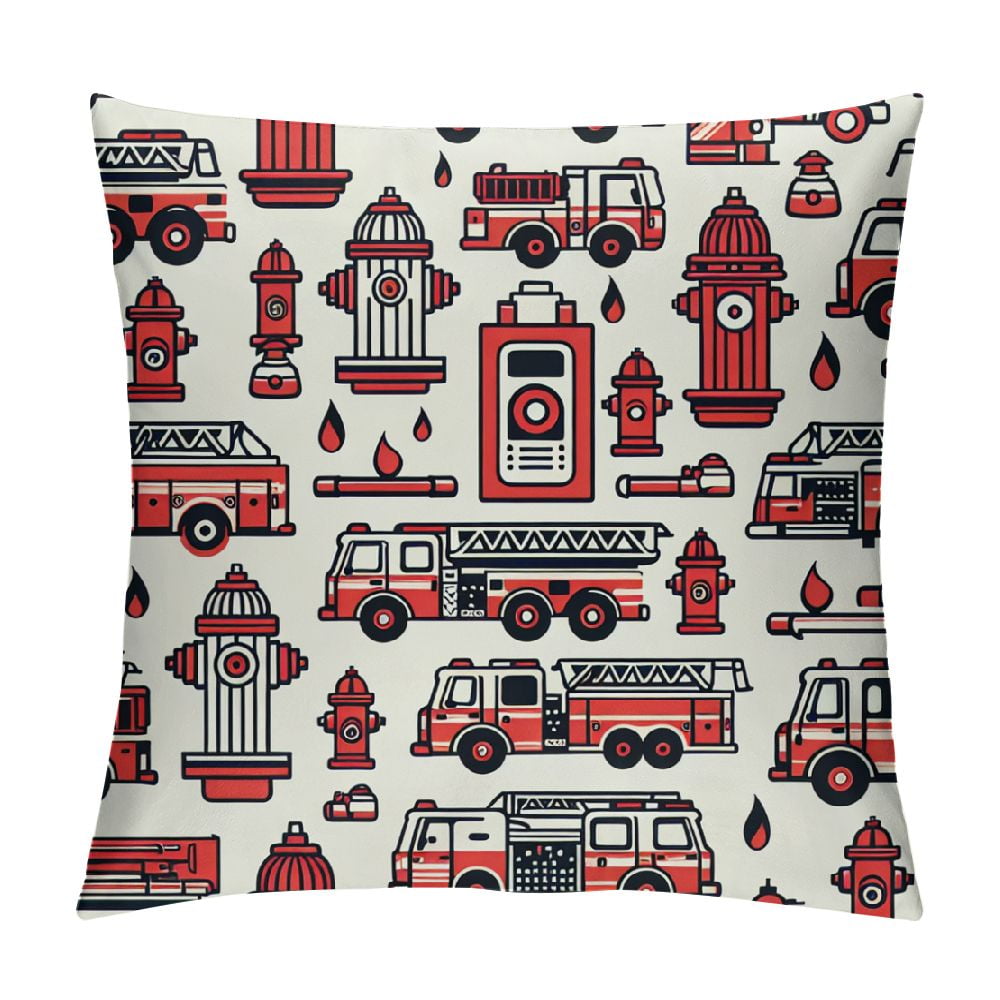 PINGXIXI Fire Truck Square Pillow Cover Emergency Rescue Vehicles Throw