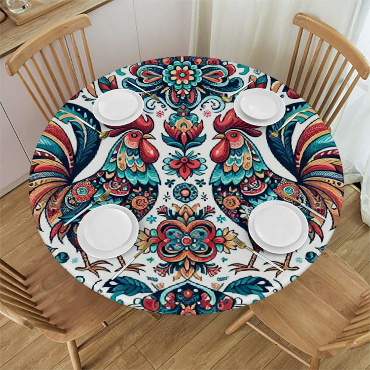 PINGXIXI Floral Round Tablecloth Elastic Edge Design Waterproof Table Cloth Round Cover