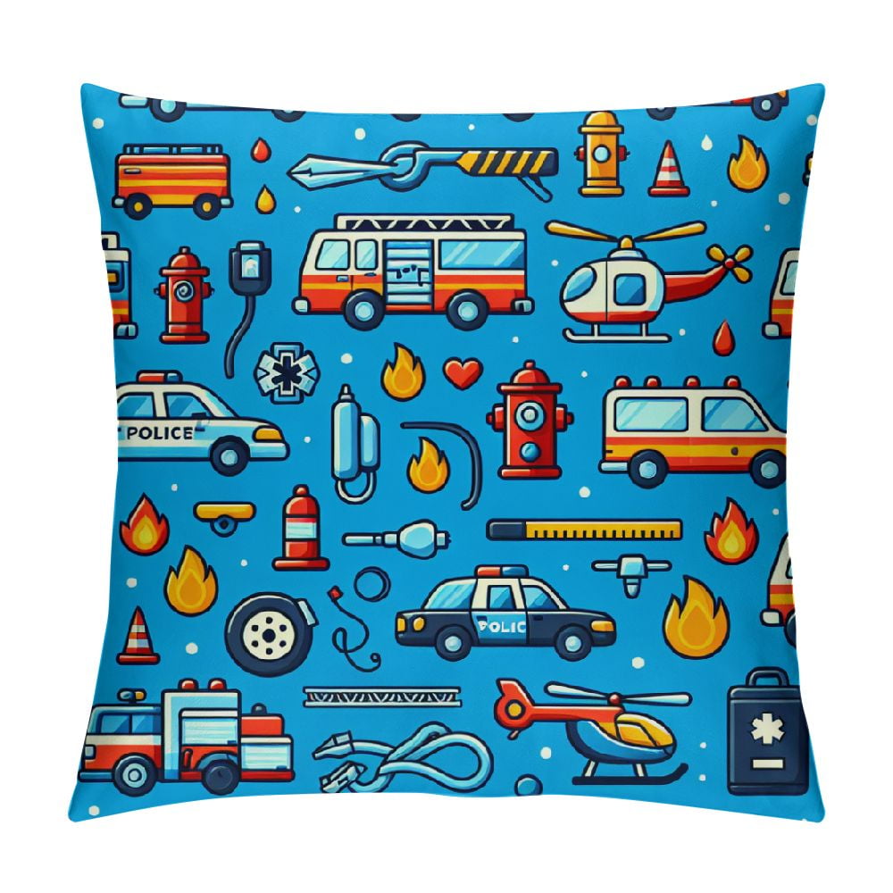 PINGXIXI Police Car Throw Pillow Covers Soft Fire Truck Decorative
