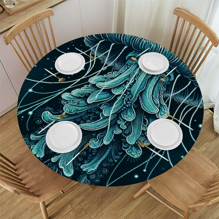 PINGXIXI Round Tablecloth with Elastic Edge Abstract Sea Animal Round Tablecloth Polyester