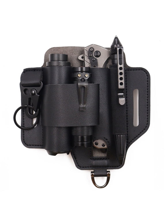 Multitool Belt Sheath, EDC Leather Belt Organizer, Belt Holder with Multitool Pouch, Flashlight Holder, Pen Holder and Keychain Clip, Practical EDC Belt Pouch for Men, PU Black