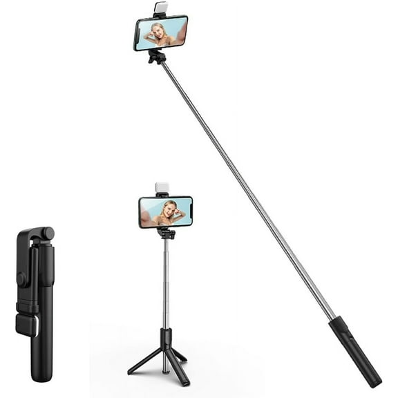 PINHEN Selfie Stick, 4 in 1 Selfie Stick Tripod with Light, Extendable and Portable Stable Tripod Stand Holder with Detachable Wireless Remote Compatible with 4.7-6.5" iPhone, Android Phones, Black