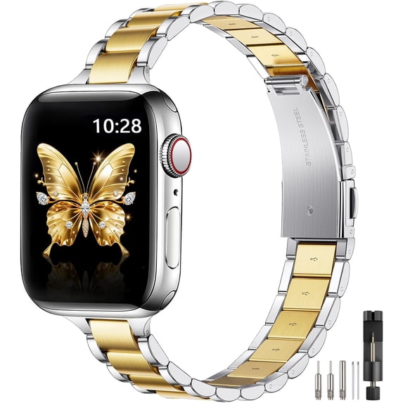 PINHEN Thin Metal Bands Compatible with Apple Watch Band 38mm 40mm 41mm for Women, Slim Stainless Steel Chain Replacement Wristbands for iWatch Ultra SE Series 9 8 7 6 5 4 3 2 1