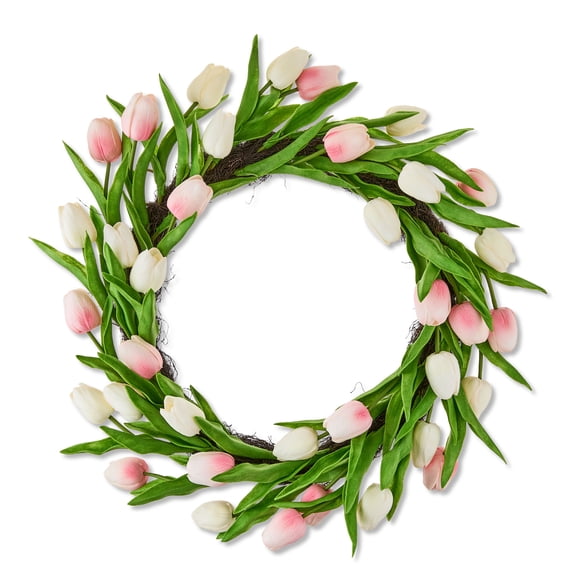 Tulip Wreath, Pink and Cream, 21", Easter by Way To Celebrate