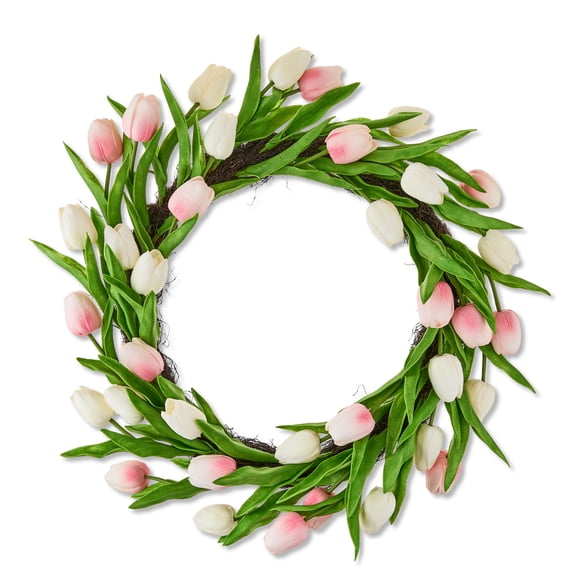 Tulip Wreath, Pink and Cream, 21", Easter by Way To Celebrate
