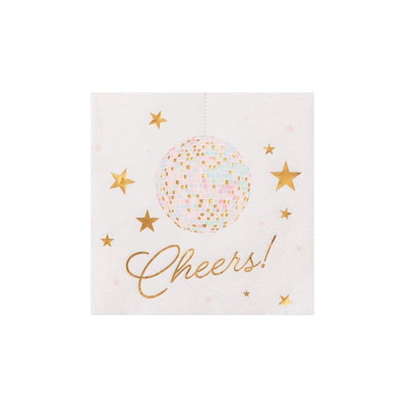 Bonjour Fte Cheers Disco Cocktail Paper Napkins, Disposable Party Supplies, 20 Count, Small, Beverage Size, New Years, Bachelorette