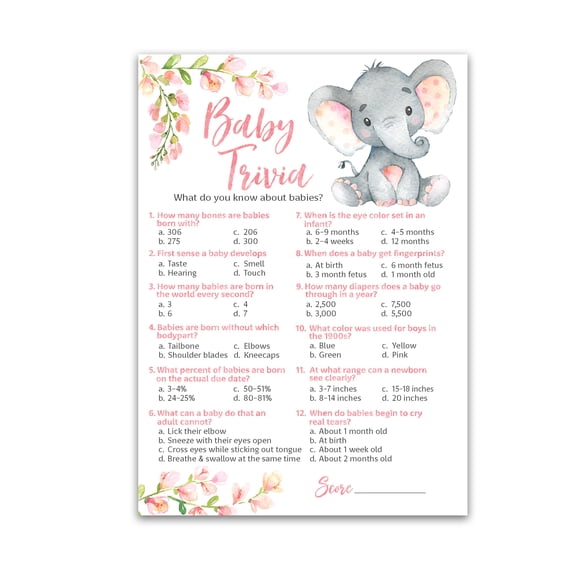 PINK ELEPHANT Baby Shower Game  BABY TRIVIA Game  Pack of 25  Fun Baby Facts Game, GIRL Baby Shower Game, Pink Floral Baby Elephant Baby Shower Activity, Baby Trivia Baby Shower Game G530-TRV