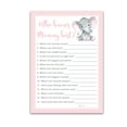 thumbnail image 1 of PINK ELEPHANT Baby Shower Games Who Knows Mommy Best - Pack of 25 - GIRL Baby Shower Game, New Parent Couples Coed Funny Guessing Game Shower Activity, Questions Mom-to-be Polka Dot SKU G500-WKM, 1 of 7