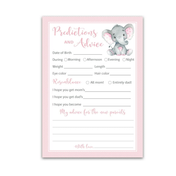 PINK ELEPHANT Prediction and Advice Cards - Pack of 25 - GIRL Baby Shower Games, New Parents, Mom & Dad to be Mommy & Daddy Message, Couples Coed Shower Activity Keepsake Book PINK G500-PDAV