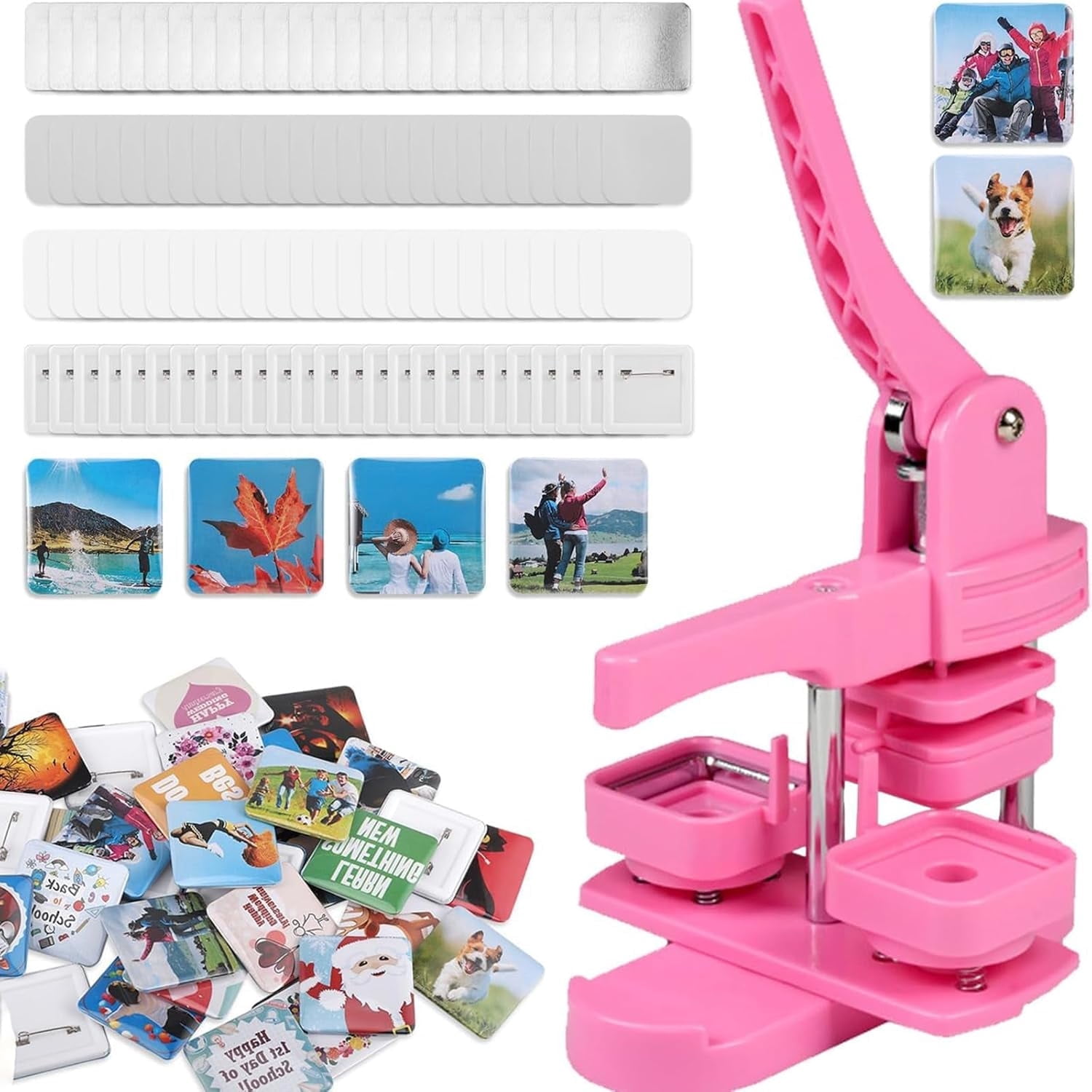 (PINK)Fridge Magnet Maker Machine, 50mm Square Photo Magnet Button Maker Kit, DIY Square Fridge Magnet Badge Button with 100 Set Square Magnet Button Making Supplies, for Souvenir, Activity Badge