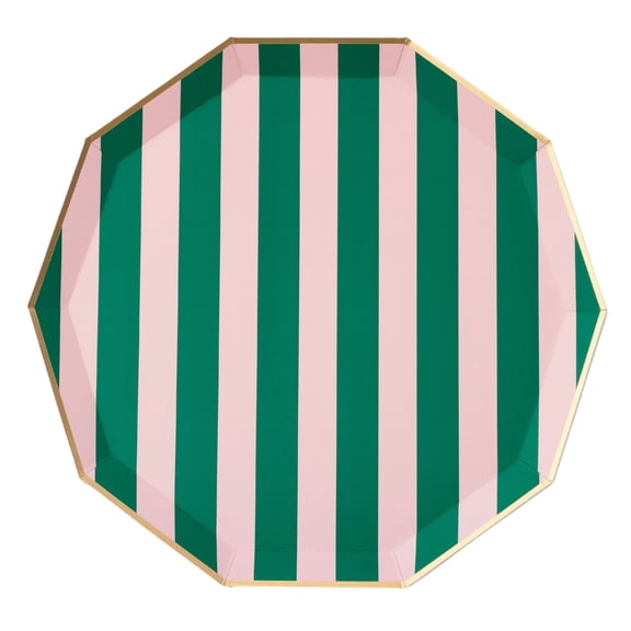 Bonjour Fte Pink and Green Stripe Large Paper Dinner Plates, Disposable Party Supplies, 8 Count, 10.75 Inch, Summer, Pool Party, Birthday