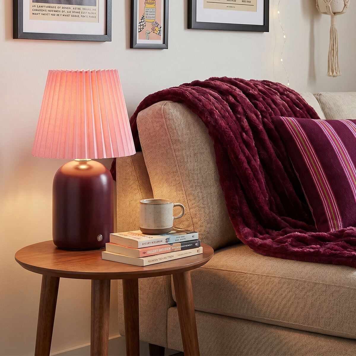 Mainstays 11" Purple Rechargeable LED Portable Lamp with Dimmable Touch Sensor and Pink Linen Shade