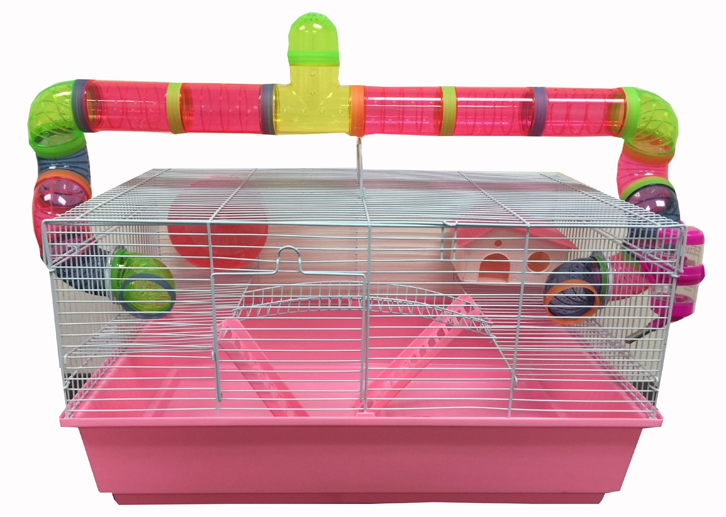 PINK LARGE 3-Tiers Hamster Habitat Mouse Home Gerbil Cage With Long Crossover Entrance Tube Tunnel Expansion Outlet 5.5" Deep Base For Rodent Rat Mice
