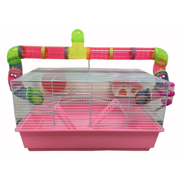 PINK LARGE 3-Tiers Hamster Habitat Mouse Home Gerbil Cage With Long Crossover Entrance Tube Tunnel Expansion Outlet 5.5" Deep Base For Rodent Rat Mice