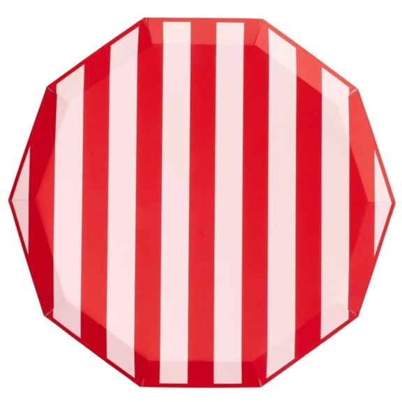 Bonjour Fte Pink and Red Striped Large Paper Dinner Plates, Disposable Party Supplies, 8 Count, 10.75 Inch, Happy Birthday, Valentines, 4th of July