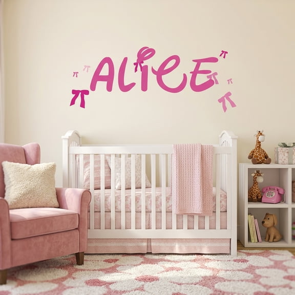 Picniva Custom Baby Name Vinyl Decal, Ribbon Font 2, Pink, 8 in Tall Nursery Decor
