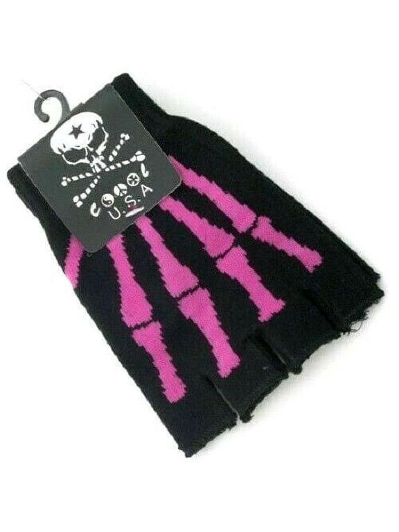 PINK Skeleton Bones Fingerless Gloves Knit Black for Texting Hand Warmer Adult