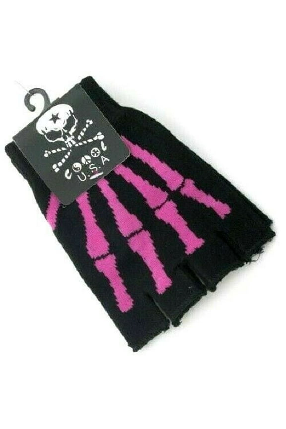 PINK Skeleton Bones Fingerless Gloves Knit Black for Texting Hand Warmer Adult